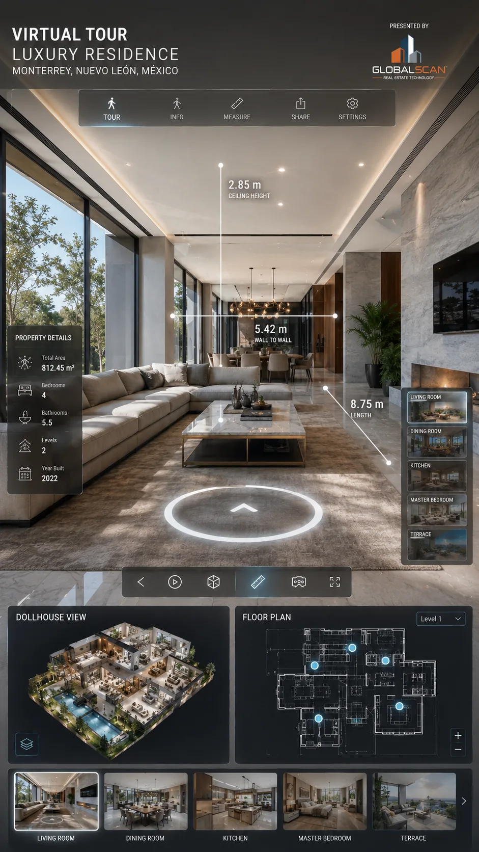 Recorrido virtual 3D de propiedad residencial — visualización remota inmobiliaria